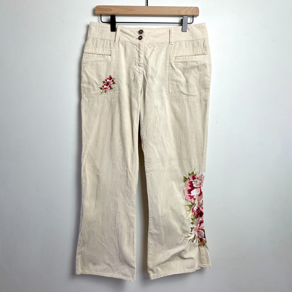 Jonny Was Floral Embroidered Corduroy Pants Sz 10 Ivory Cottage Romantic Y2K